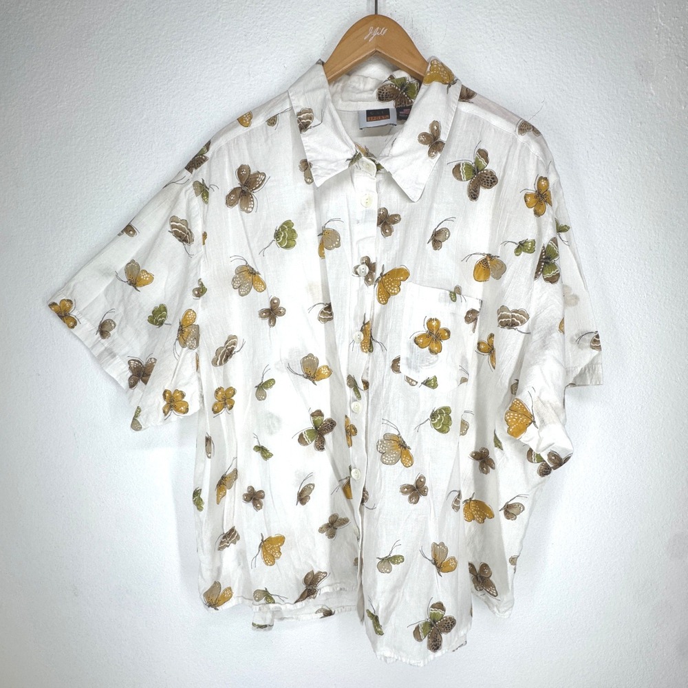 Vintage Butterfly Print Cotton Button Up Shirt White Plus Size 4X Lightweight